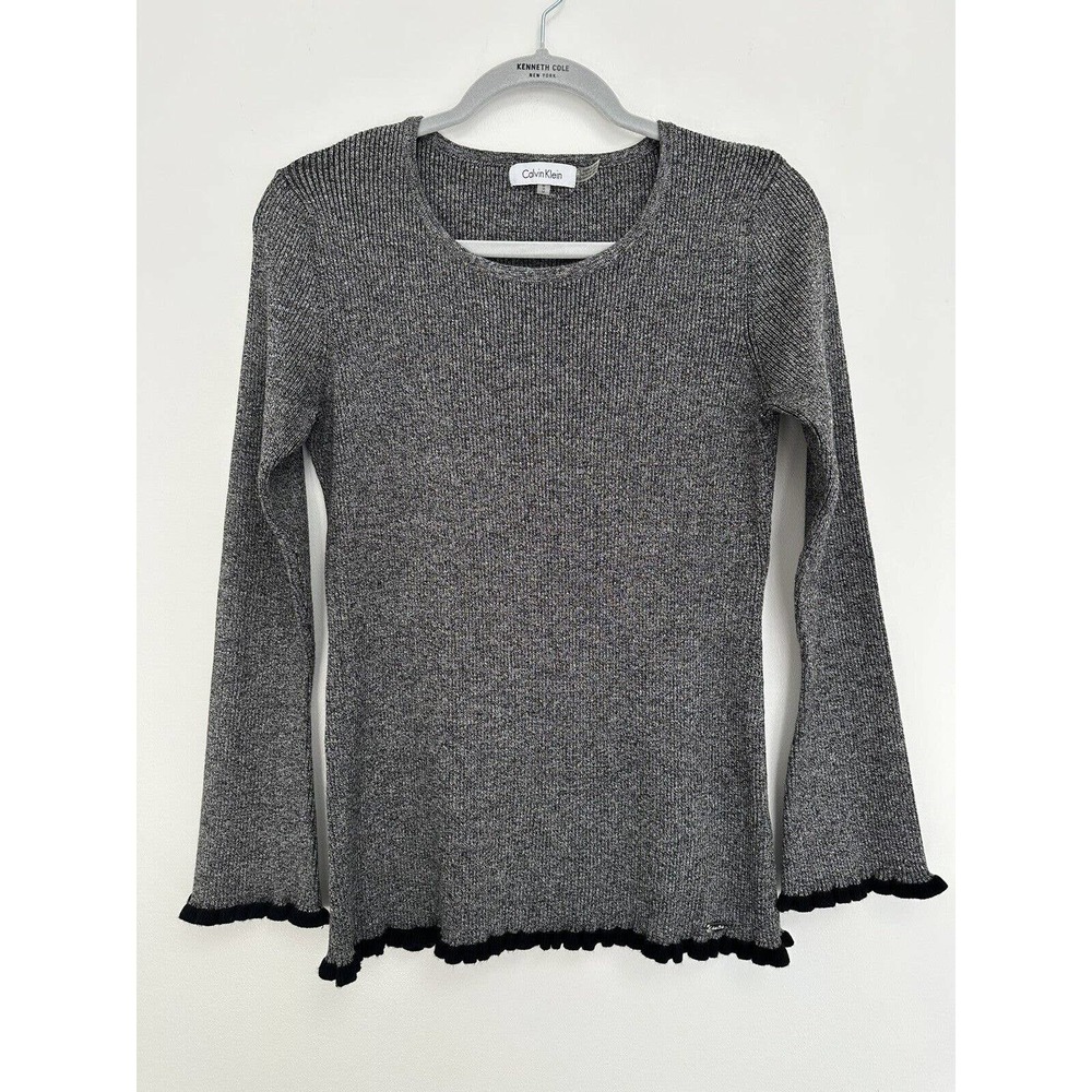 CALVIN KLEIN Women Knit Top Gray Ribbed Black Trim Bell Long Sleeves Office Sz M